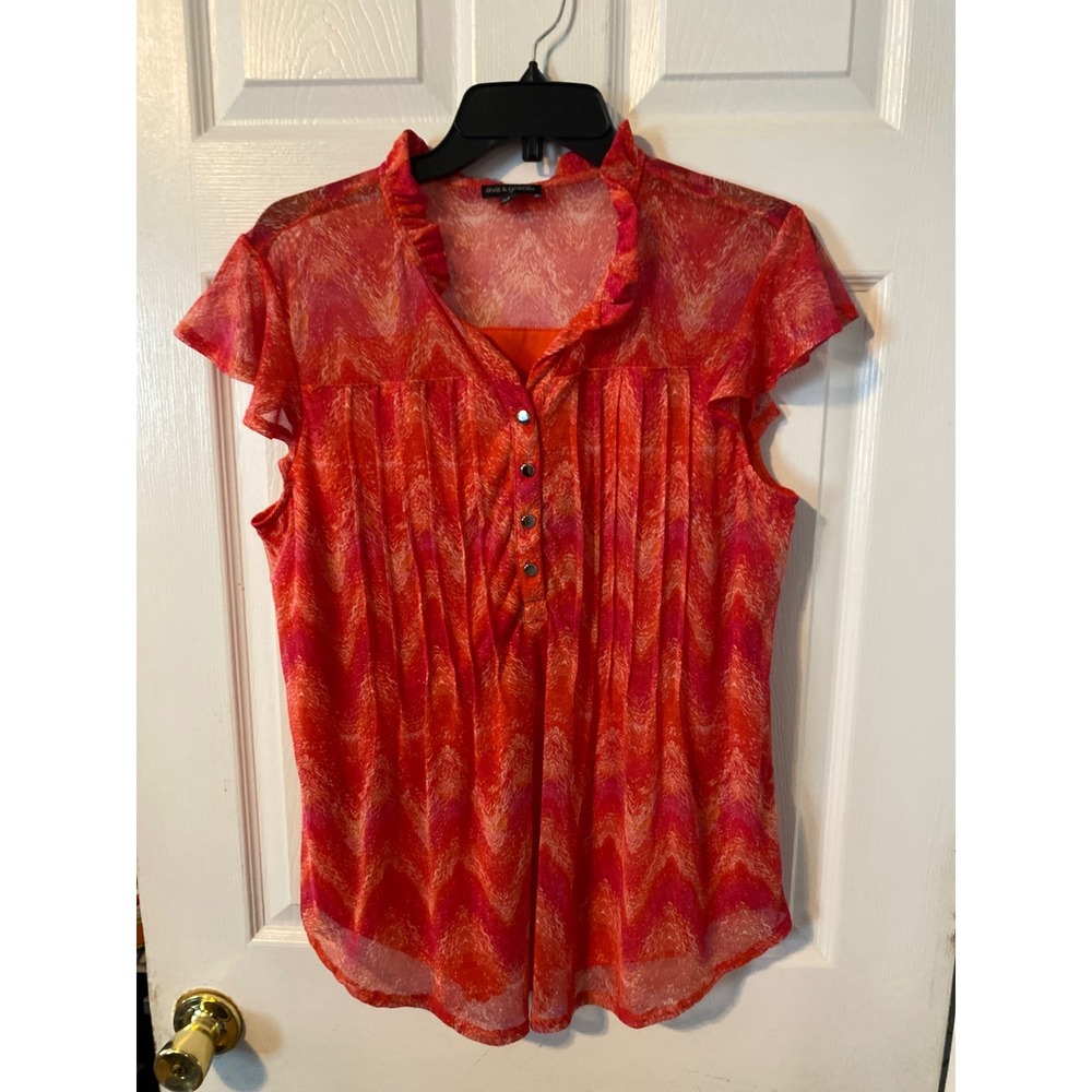 Ava & Grace Orange Pink Chevron Mesh Pintuck Blouse Cap Sleeve Large